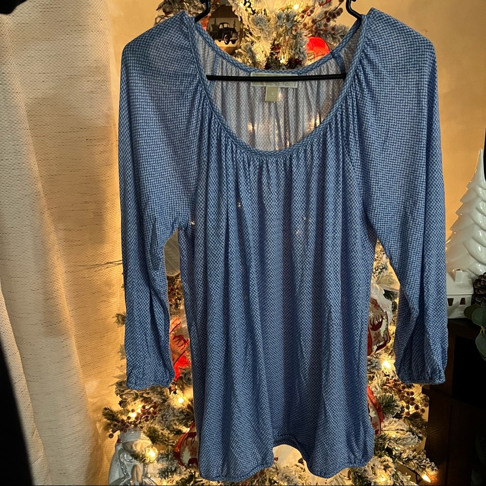 Michael Kors Blue & White Banded Waist Blouse Top Size Small